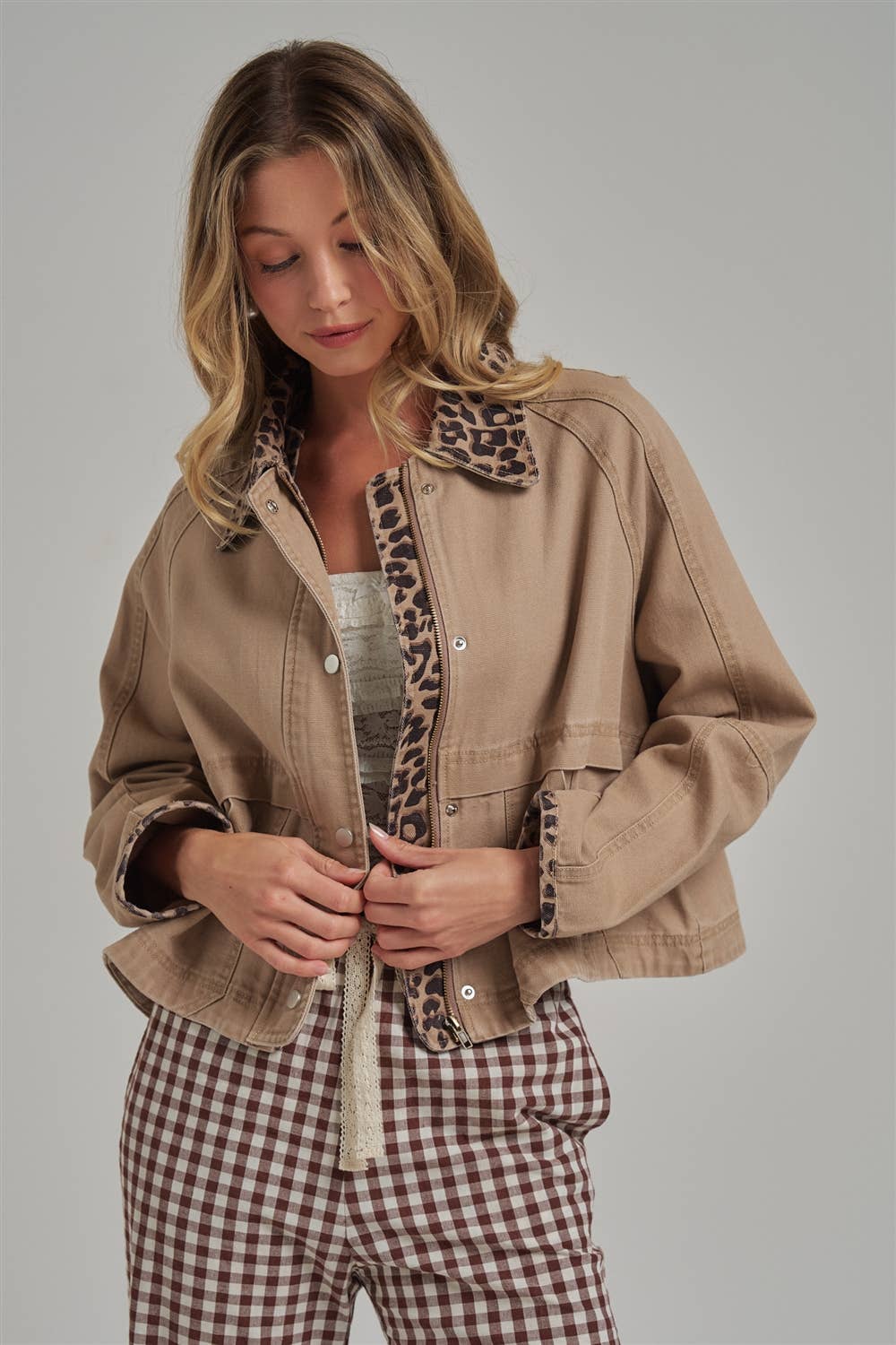 Just a Little Wild Barn Jacket: Taupe/ Leopard
