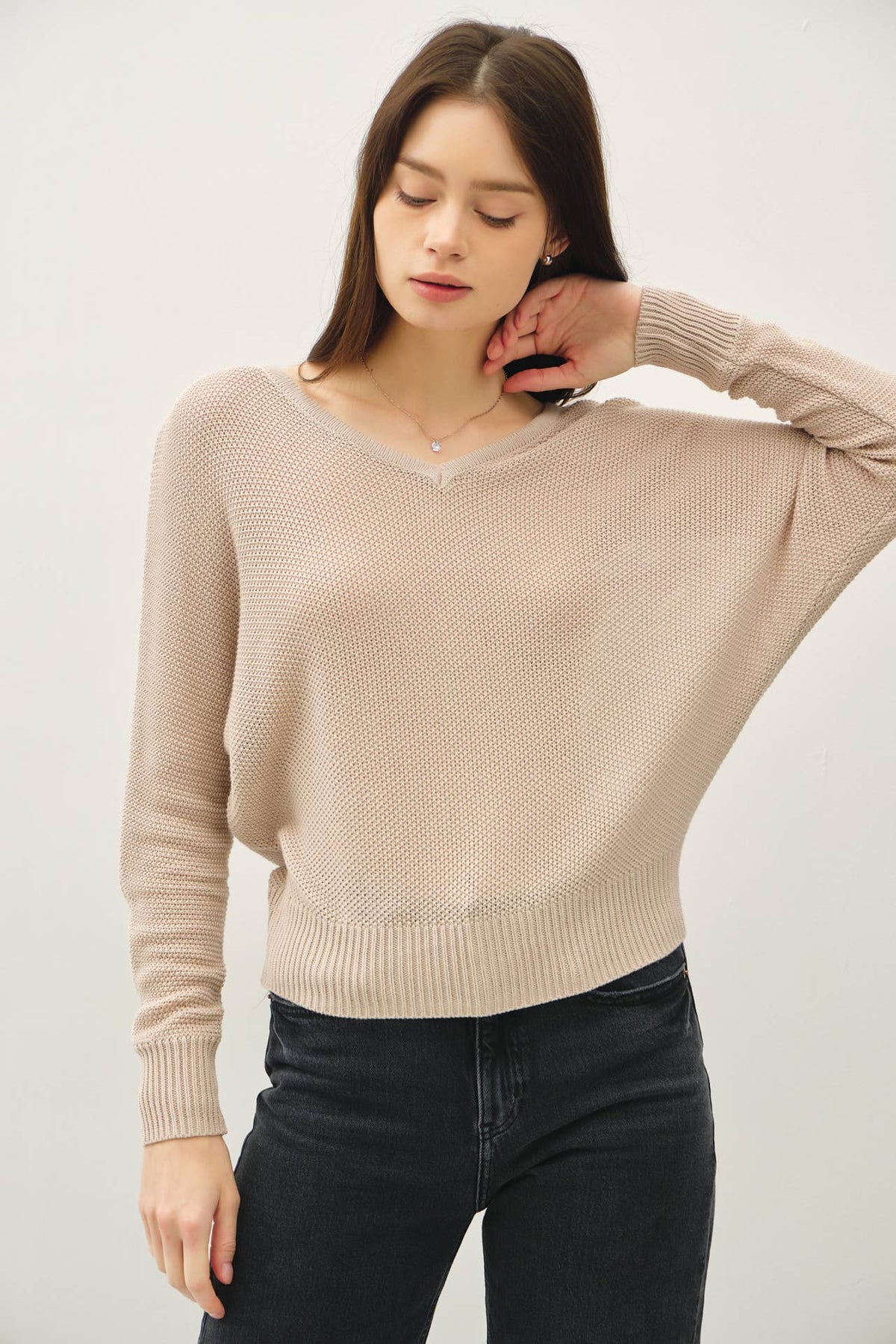 Ember V-Back Button Detail Cotton Blend Sweater – Dolman Sleeve Knit Pullover for Women