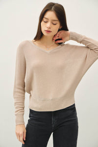 Ember V-Back Button Detail Cotton Blend Sweater – Dolman Sleeve Knit Pullover for Women