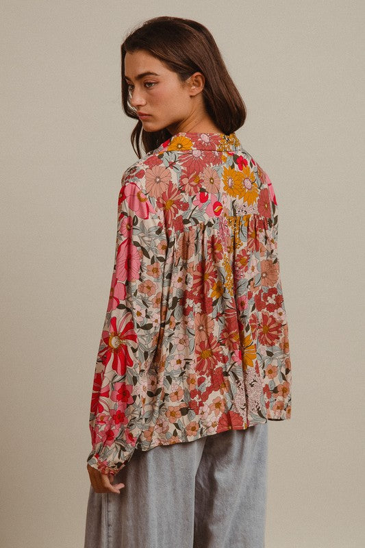 Flower Child Vibrant Floral Long Sleeve Blouse: Pink/Multi