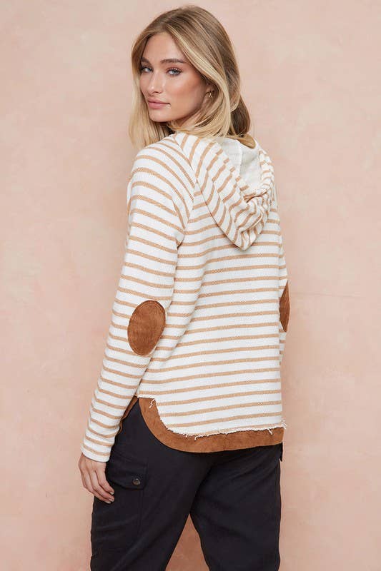 Paige Striped Hoodie Top With Elbow Patch: Toffee