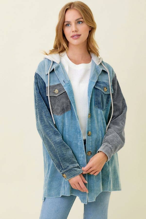 Sadie Color Block Corduroy Hoodie Shacket – Washed Button Down Hi-Low Hem