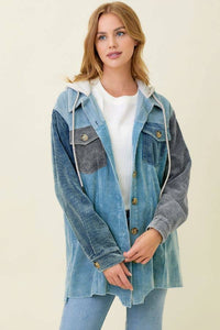 Sadie Color Block Corduroy Hoodie Shacket – Washed Button Down Hi-Low Hem