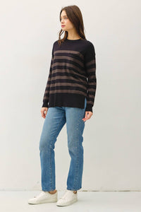 The Finley Striped Pocket Sweater: Charcoal – Relaxed Everyday Knit Sweater