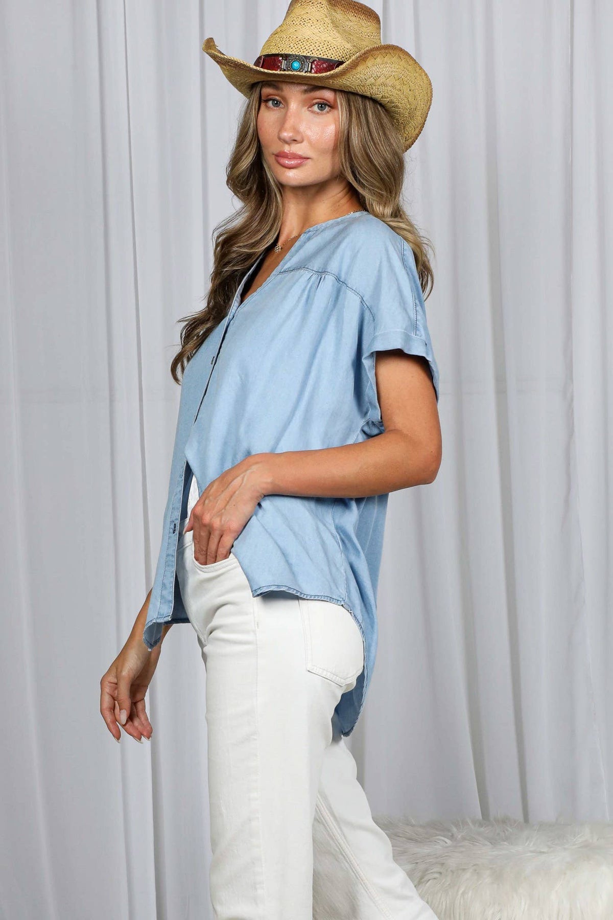 Dakota Tencel Chambray Button Top: Light Wash