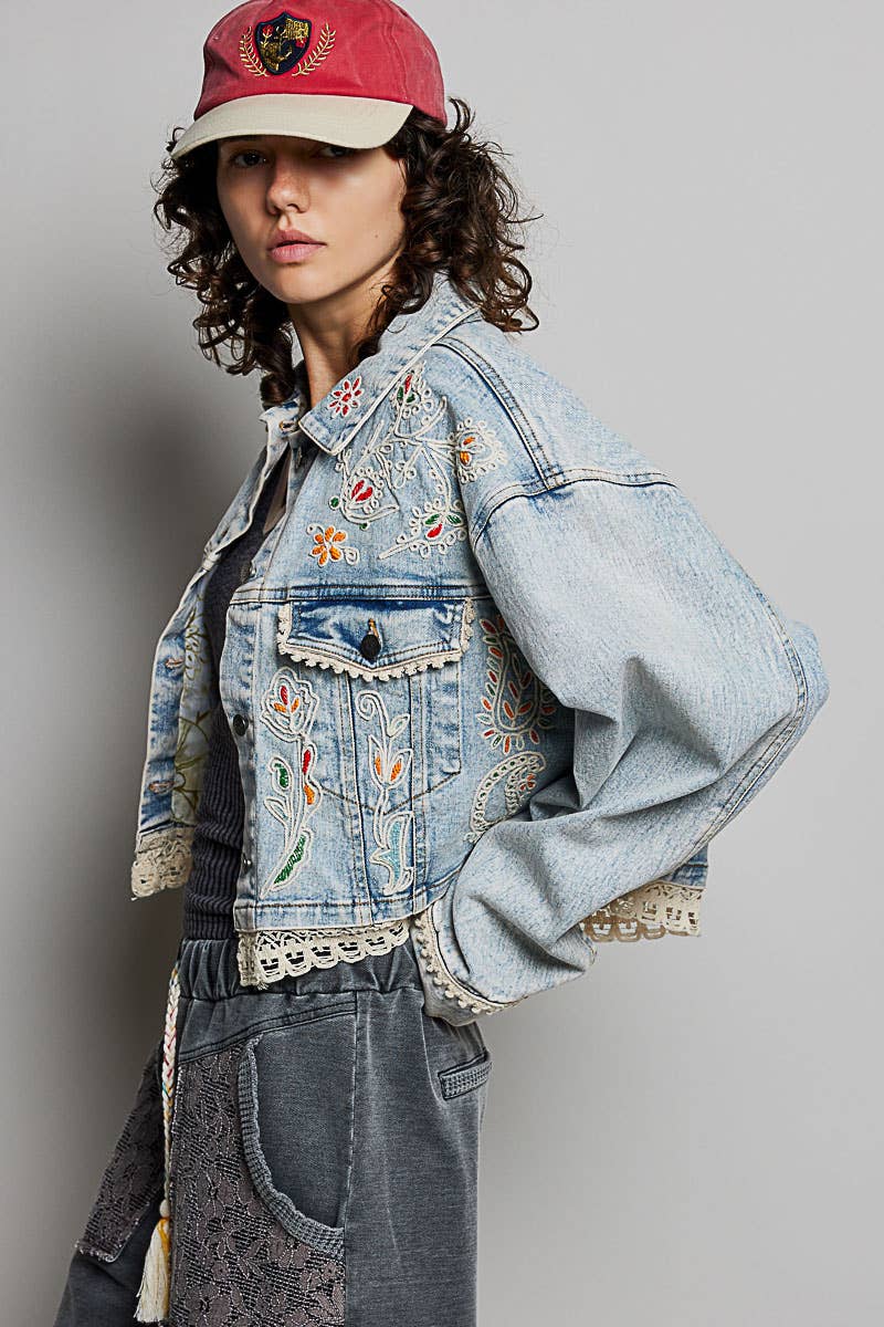 Magnolia Mae Embroidery Lace Trim Denim Jacket