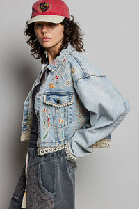 Magnolia Mae Embroidery Lace Trim Denim Jacket