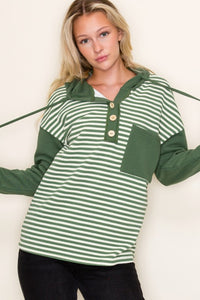 Brinley Striped Half-Button Hoodie – Color-Blocked Long Sleeve Top with Chest Pocket