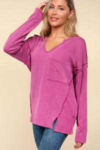 Mila Vintage Wash Ribbed Long Sleeve Basic Top