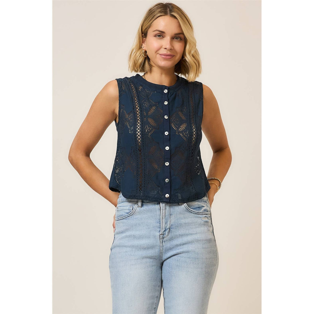 The Isla Lace Button Tank: Navy