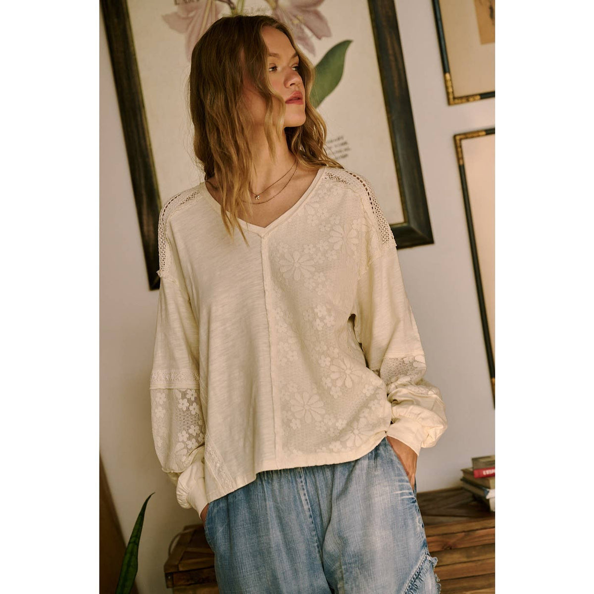 The Willow Lace Mix Top: Natural
