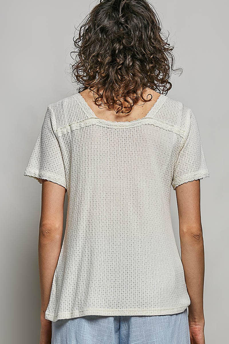 The Clara Lace Trim V Neck Top: Natural – Short Sleeve Textured Knit Everyday Basic