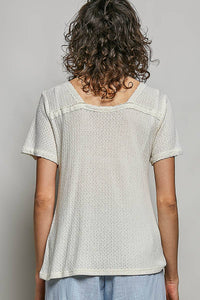 The Clara Lace Trim V Neck Top: Natural – Short Sleeve Textured Knit Everyday Basic