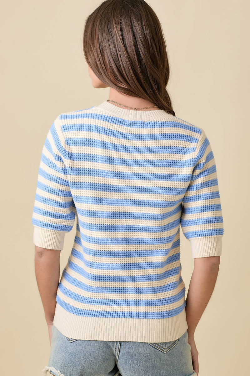 The Camden Stripe Knit Top: Cream/ Blue