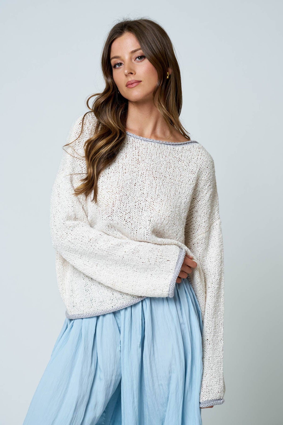 BOAT NECK CONTRAST TRIM LONG SLEEVE KNIT SWEATER : MOCHA