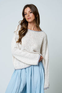 BOAT NECK CONTRAST TRIM LONG SLEEVE KNIT SWEATER : MOCHA