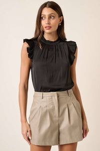 Jasmine Satin Ruffle Sleeveless Blouse: Black