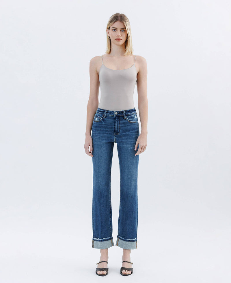 Vervet by Flying Monkey Victoria High Rise Cuffed Straight Jeans: Dark Wash