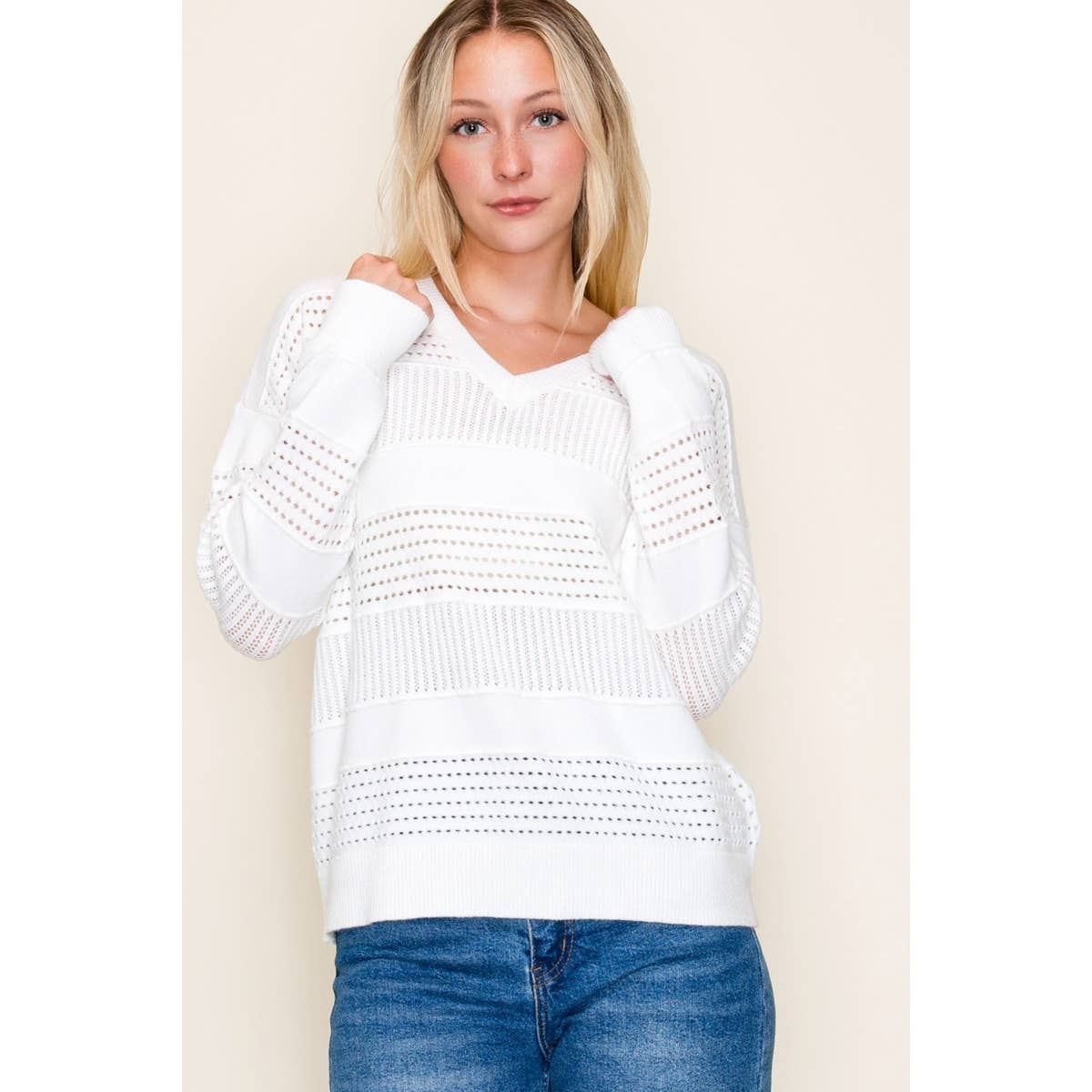 Staccato Snowdrift Pointelle Knit Sweater – V-Neck Textured Pullover | Northern Belle Boutique