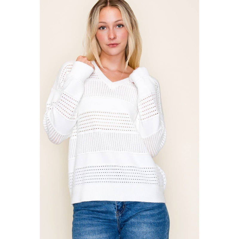Staccato Snowdrift Pointelle Knit Sweater – V-Neck Textured Pullover | Northern Belle Boutique