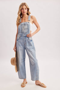 The Remi Barrel Leg Denim Overalls: Lt Wash  – Relaxed Wide Leg Casual Overalls