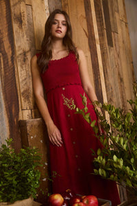The Josette Smocked Midi Dress – Button-Front Sleeveless Dress in Apple Red