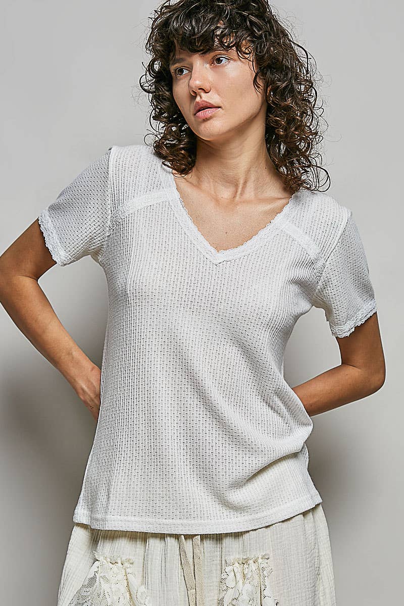 The Clara Lace Trim V Neck Top: Natural – Short Sleeve Textured Knit Everyday Basic