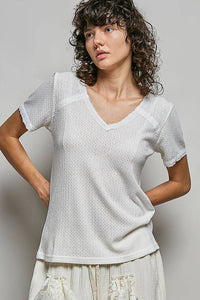 The Clara Lace Trim V Neck Top: Natural – Short Sleeve Textured Knit Everyday Basic