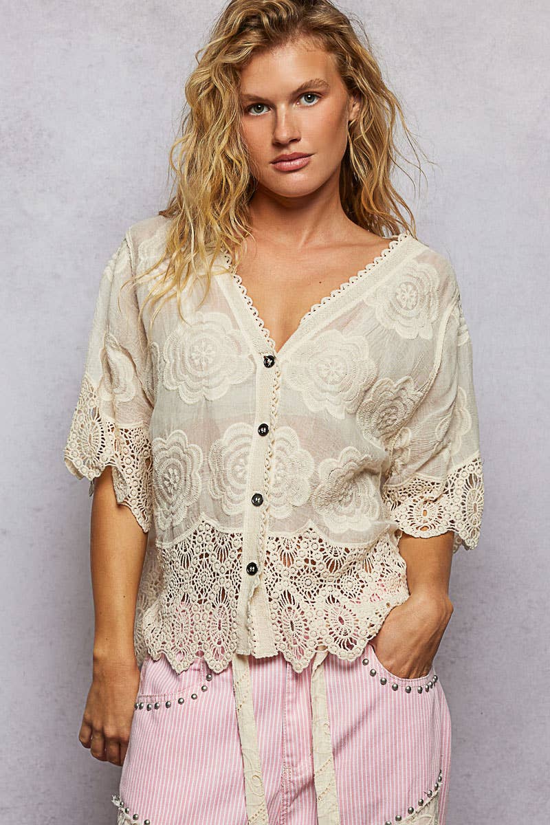 Crochet Trim Neckline Short Sleeve Jacket Top: TAUPE / Os