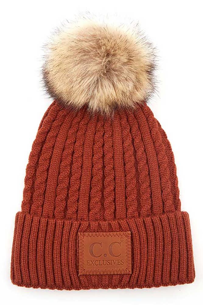 C.C Double Braided Beanie with Faux Fur Pom – Warm Winter Hat with Leather Patch
