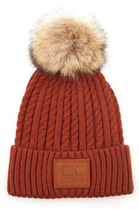 C.C Double Braided Beanie with Faux Fur Pom – Warm Winter Hat with Leather Patch