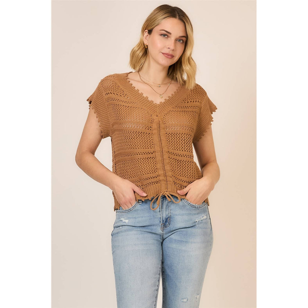 The Ava Ruched Knit Top: Camel