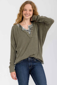 The Wren Plaid Trim Waffle Knit Top – Olive