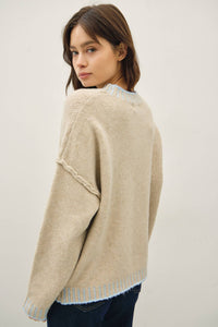 Fine Line Contrast Stitch Sweater: Oatmeal/ Ice Blue