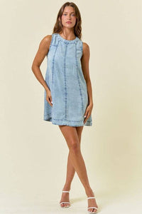 Elara Tencel Chambray A-Line Mini Dress: Light Wash – Women’s Sleeveless Round Neck Casual Dress