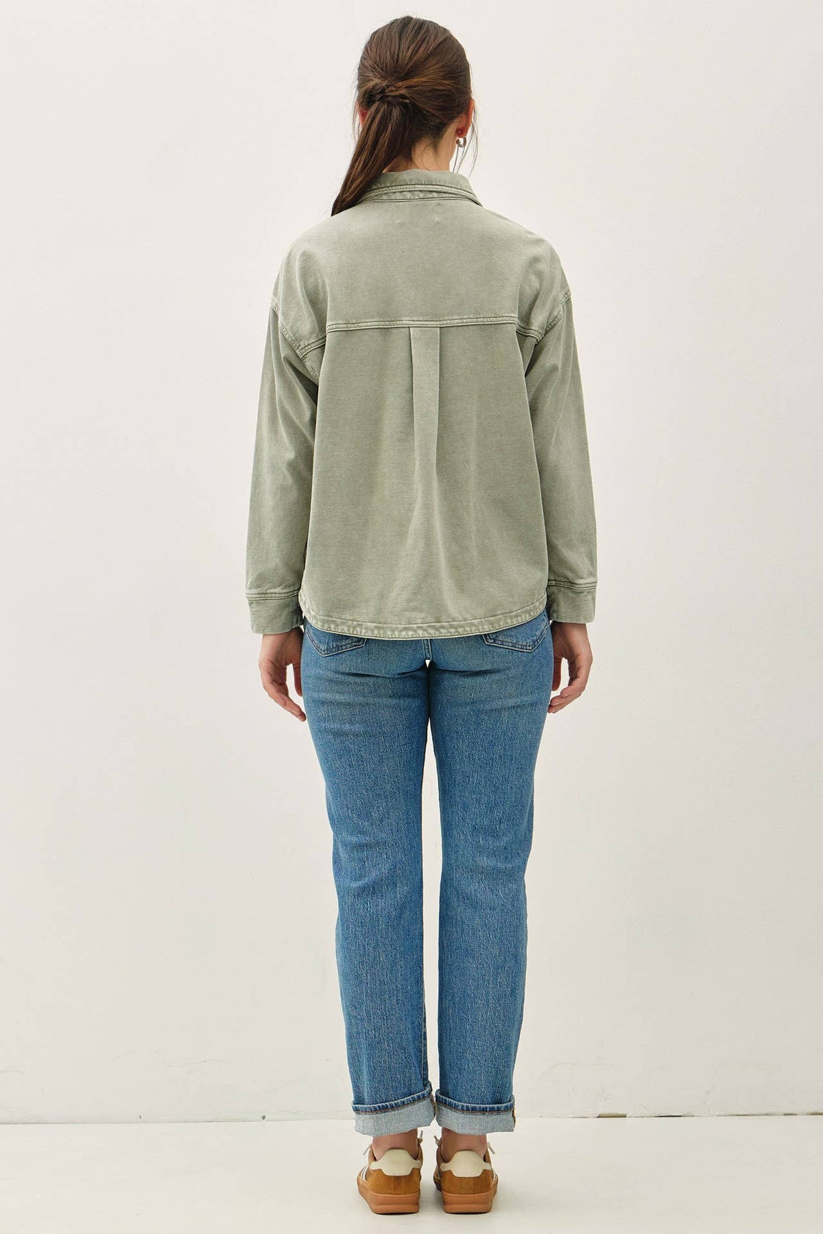 The Mercer Cropped Denim Shacket – Garment Dyed Stretch Shirt Jacket for Women