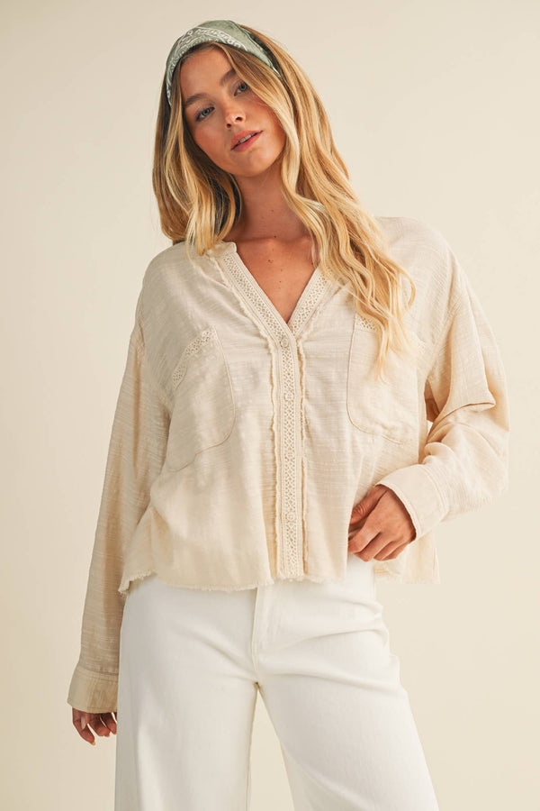 The Elodie Lace Trim Blouse: Oatmeal – Raw Edge Detail Feminine Button Front Top