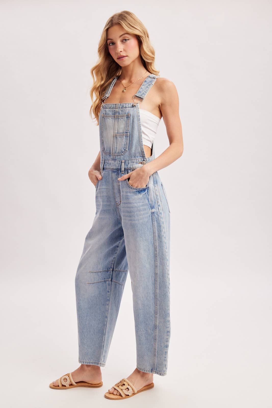 The Remi Barrel Leg Denim Overalls: Lt Wash  – Relaxed Wide Leg Casual Overalls