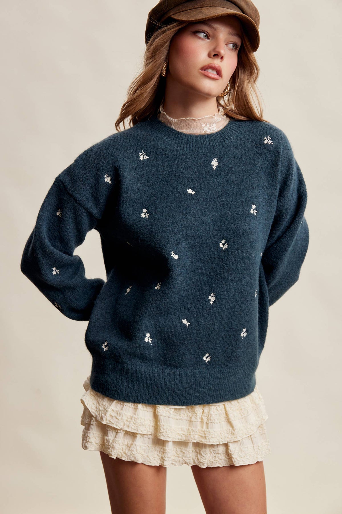 Tiny Details Embroidered Sweater: Emerald