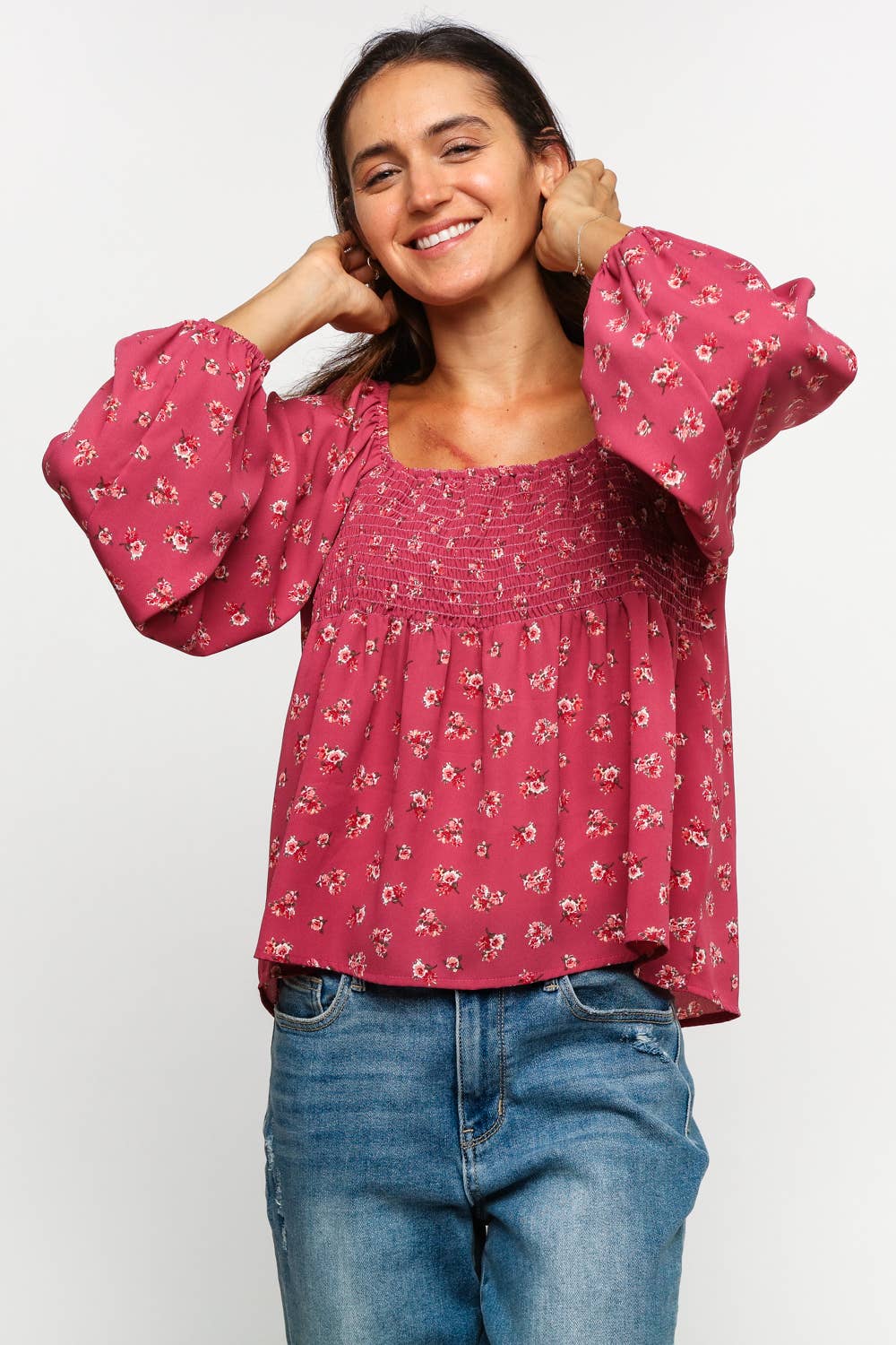 Maisie Smocked Babydoll Floral Blouse – Long Sleeve Raglan Bubble Top