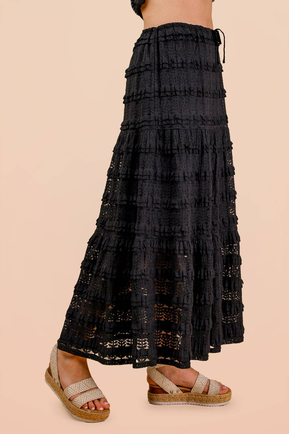 Savannah Tiered Lace Midi Skirt: Black – Boho Elastic Waist Maxi Skirt with Lining
