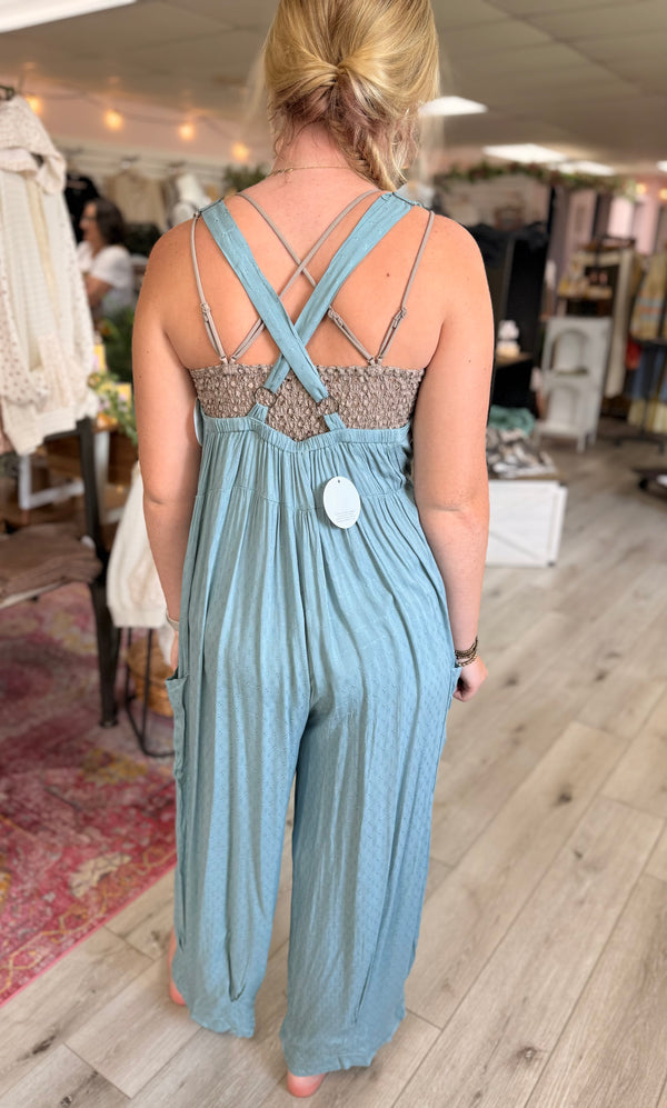Easy Breeze Button Front Jumpsuit: Coastal Blue