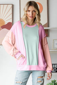 Amiee Sping Colorblock Pullover Crew Neck Long Sleeve Top: Mint