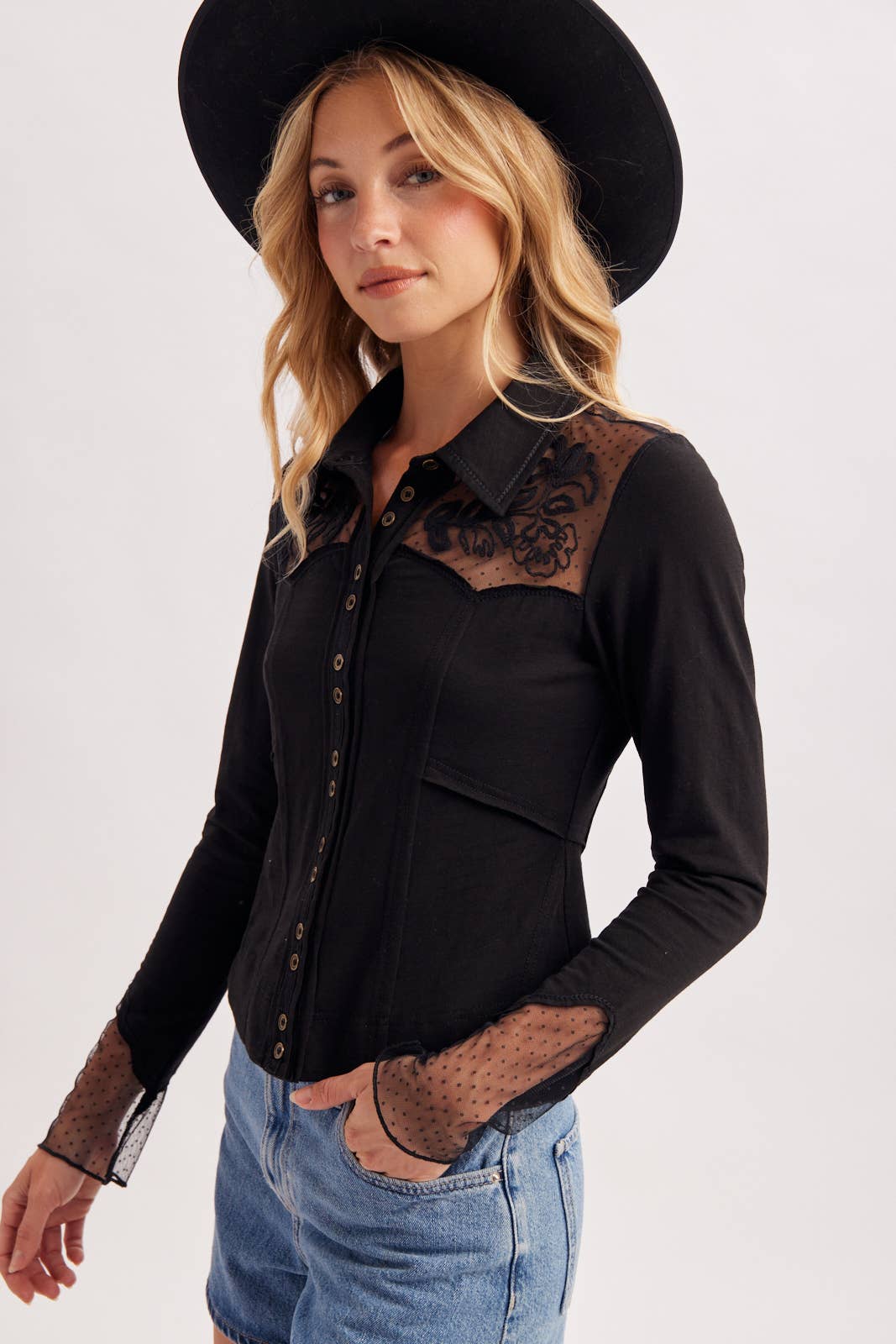 Dakota Rose Western Embroidered Mesh Button Front Top: Black