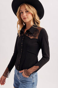 Dakota Rose Western Embroidered Mesh Button Front Top: Black