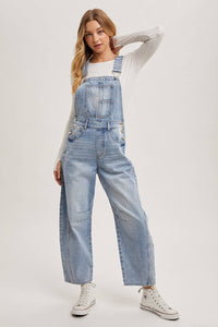 Juniper Barrel Leg Denim Overalls – Vintage Medium Wash Barrel-Leg Overalls with Adjustable Straps