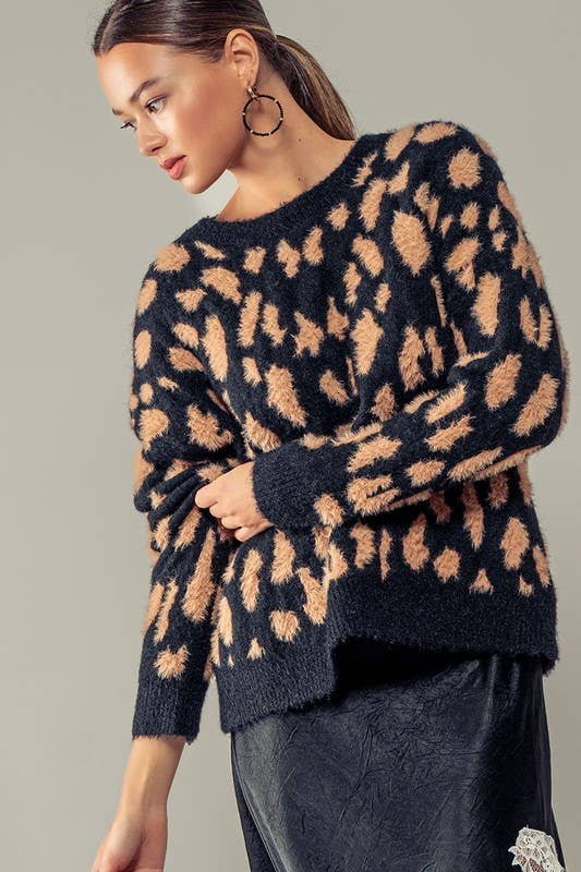 Cora Fuzzy Animal Print Crew Sweater: Black