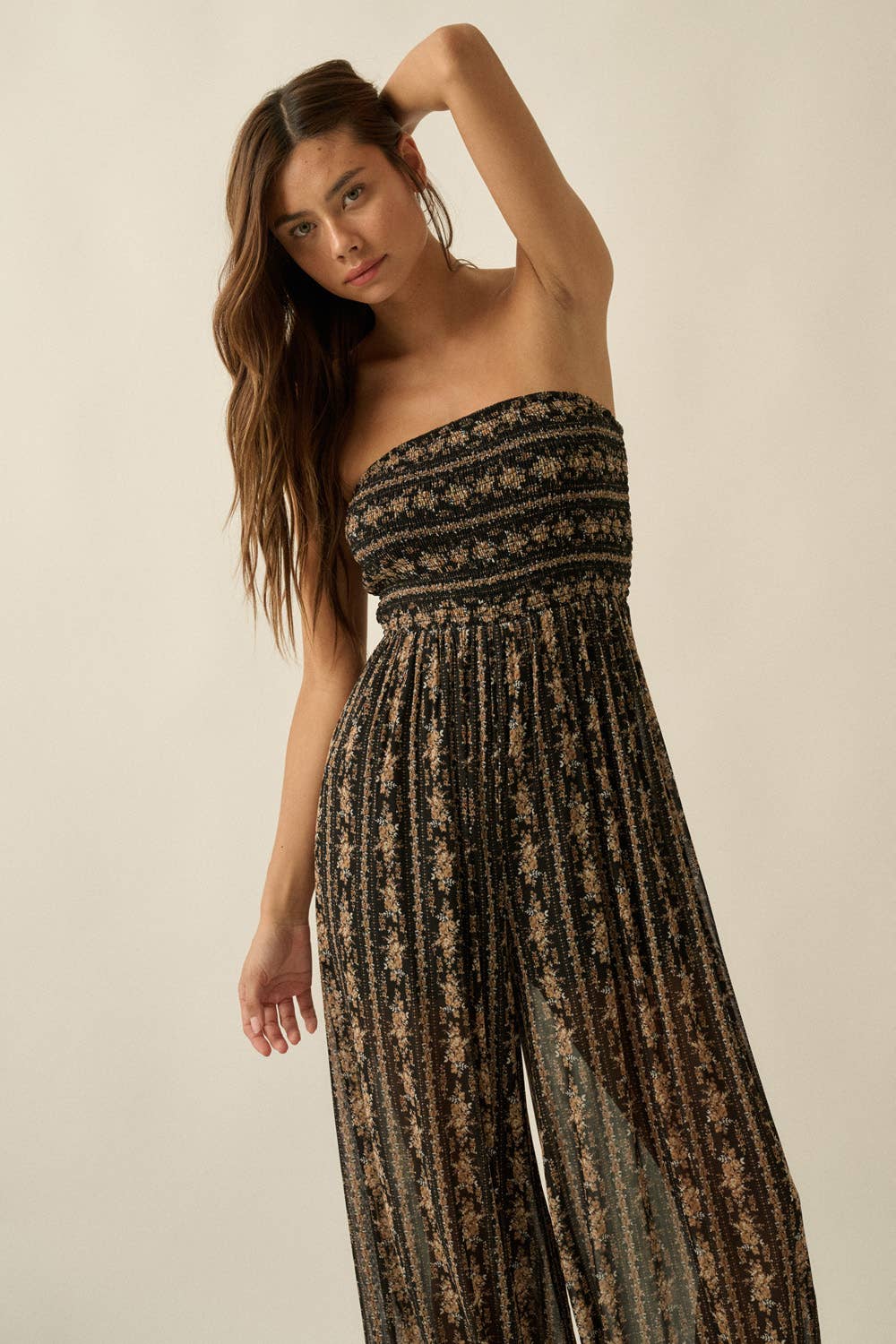 The Wildflower Mesh Jumpsuit: Black/Multi – Strapless Floral Wide Leg Statement Jumpsuit