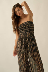 The Wildflower Mesh Jumpsuit: Black/Multi – Strapless Floral Wide Leg Statement Jumpsuit