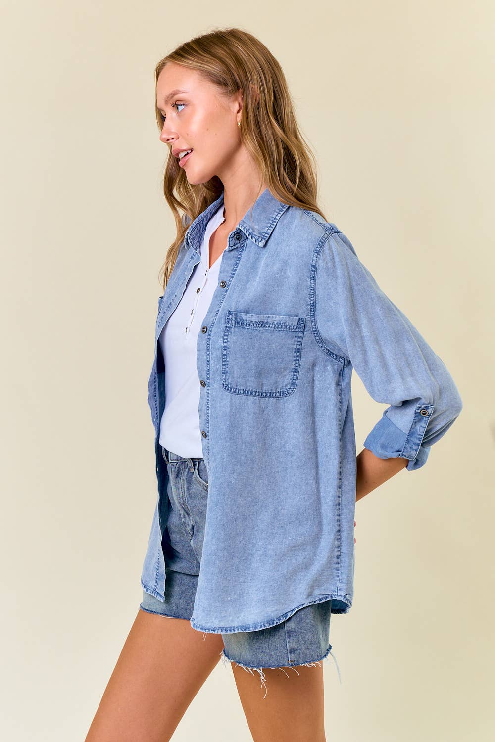 Willow Ridge Tencel Chambray Button Down Shirt: Light Wash – Soft Denim Utility Top for Women